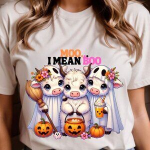 Moo I Mean Boo Png, Spooky Cow Halloween Shirt, Western Boo Cow Ghost Tee